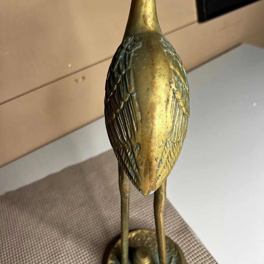 Vintage Large Brass Crane Statue 18 Inch Heron Figurine Verdigris Patina 4lbs